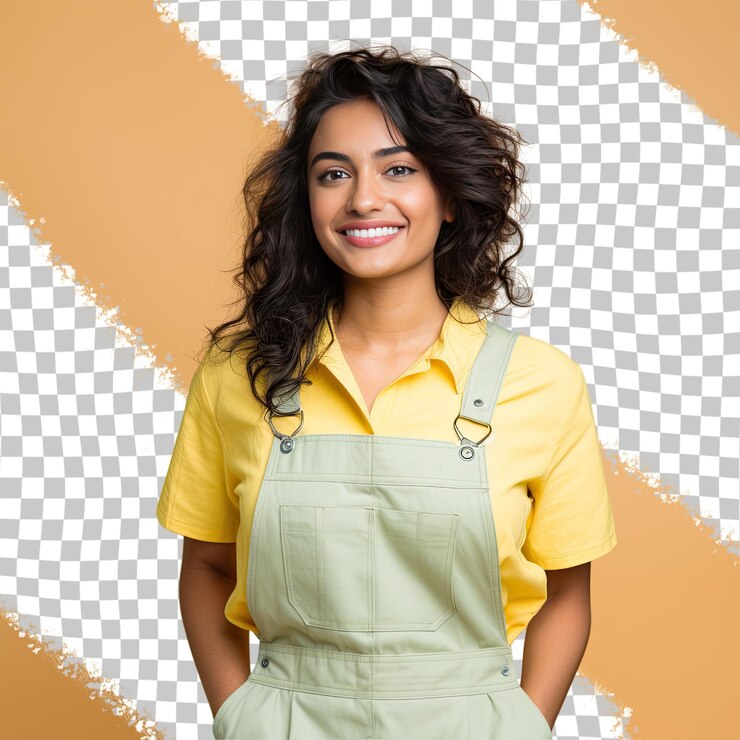 PSD uma orgulhosa jovem adulta com cabelos ondulados da etnia do sudeste asiático vestida com trajes de encanador posa em um estilo looking over the shoulder contra um fundo pastel lemon