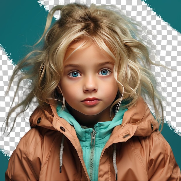 PSD uma orgulhosa menina pré-escolar com cabelo loiro da etnia escandinava vestida com trajes de pintor posa em um estilo close up of eyes contra um fundo pastel teal