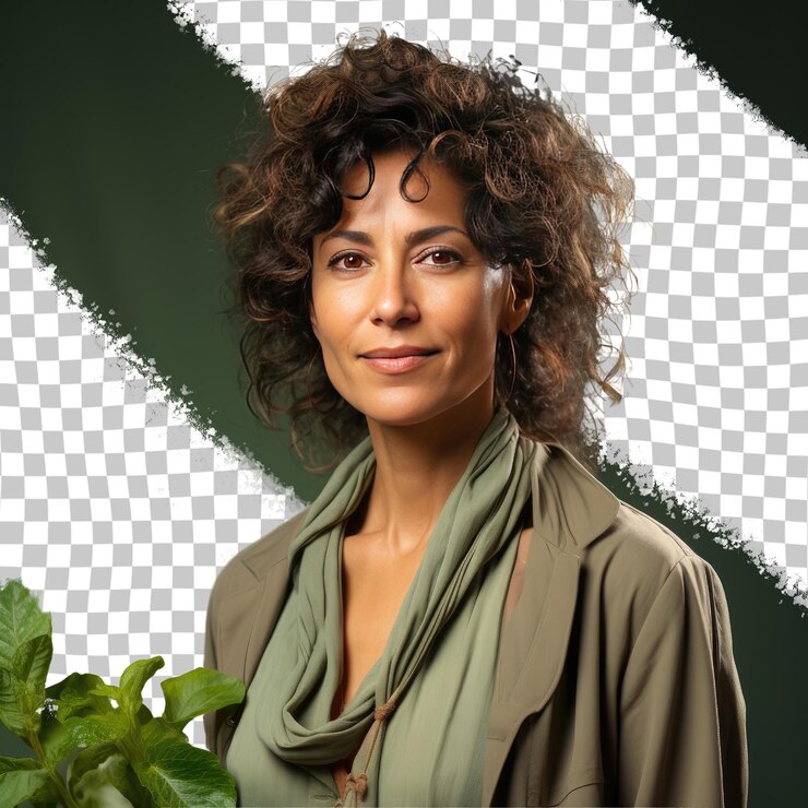 PSD uma orgulhosa mulher de meia-idade com cabelos encaracolados da etnia da ásia ocidental vestida com trajes botânicos posa em um estilo dramático de jogo de sombras contra um fundo verde pastel