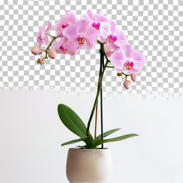 PSD uma orquídea rosa em um vaso branco com uma flor rosa no fundo