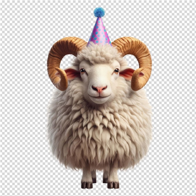 Uma ovelha com um chapéu de festa na cabeça