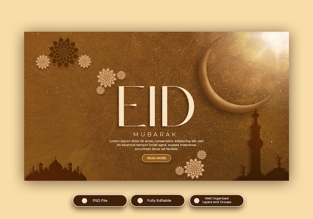 Uma página da web para eid mubarak com uma foto de uma mesquita e um banner com as palavras eid mubarak nele.