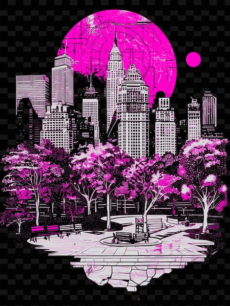 PSD uma paisagem urbana colorida com um círculo rosa e uma fonte no meio