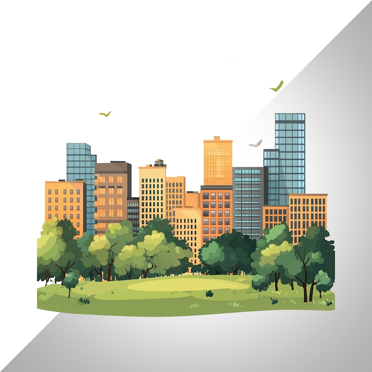 PSD uma paisagem urbana com edifícios e um parque verde isolado em fundo transparente