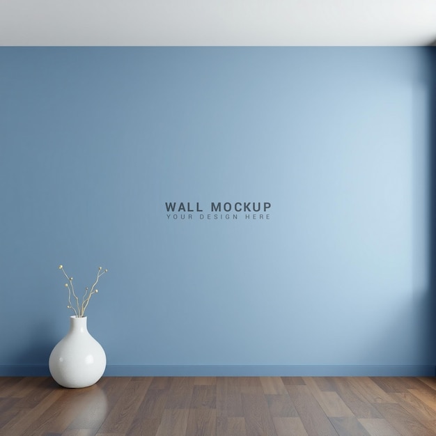 uma parede azul com um vaso branco e um vaso no chão