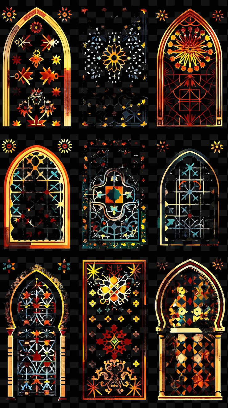 PSD uma parede de janelas de vidro colorido com um design colorido
