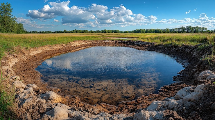 PSD uma pequena lagoa de água em um campo gramado com um céu azul e nuvens brancas refletidas na superfície