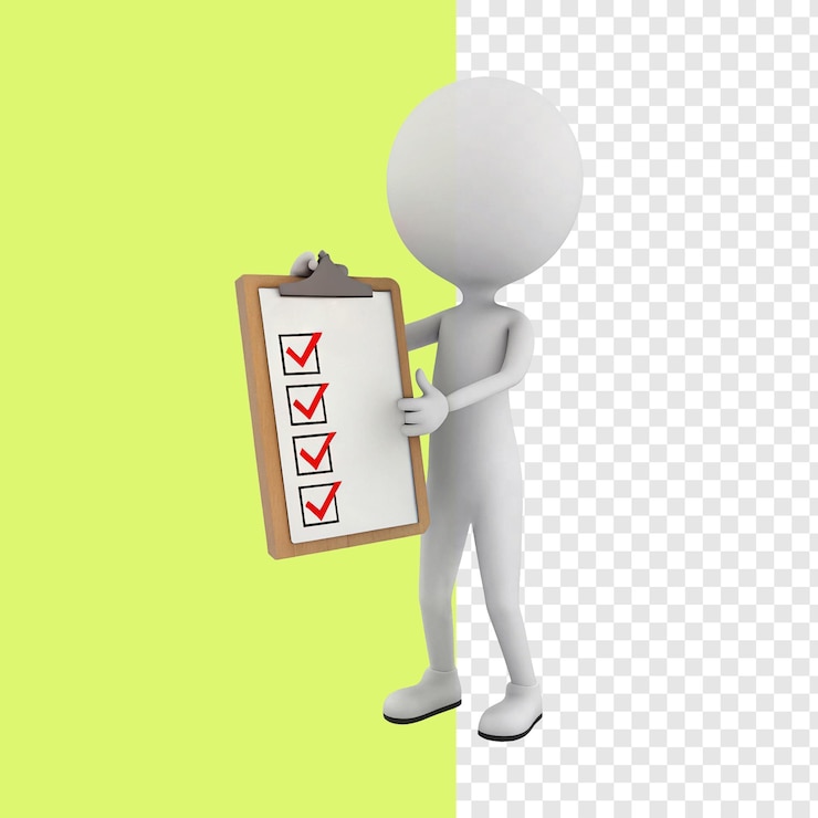 PSD uma personagem 3d segurando uma cartinha com uma lista de verificação