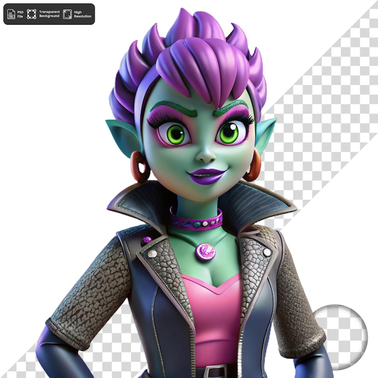 PSD uma personagem de anime feminina com olhos verdes e uma camisa roxa