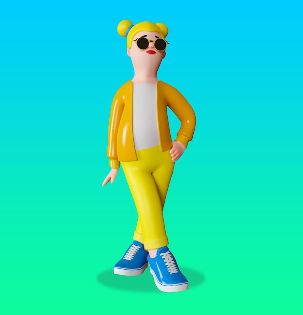 Uma personagem de desenho animado com uma jaqueta amarela e óculos escuros e uma camisa branca