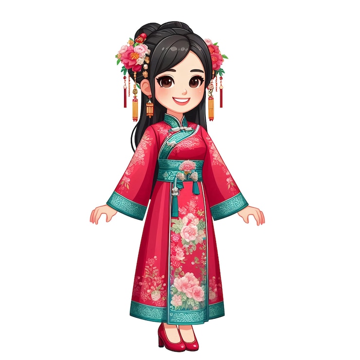 PSD uma personagem de desenho animado da menina chinesa em um vestido tradicional