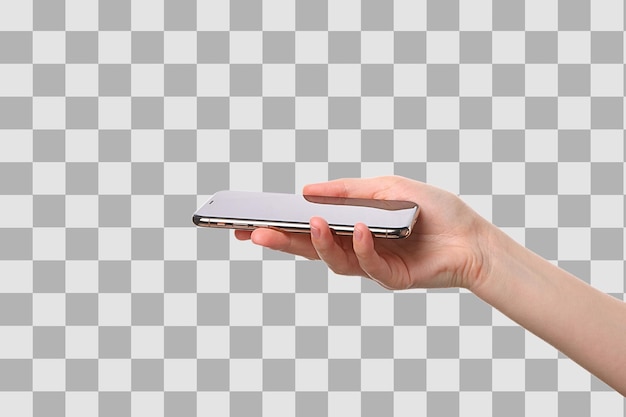 Uma pessoa está segurando um smartphone com uma aparência moderna limpa isolada em PNG branco