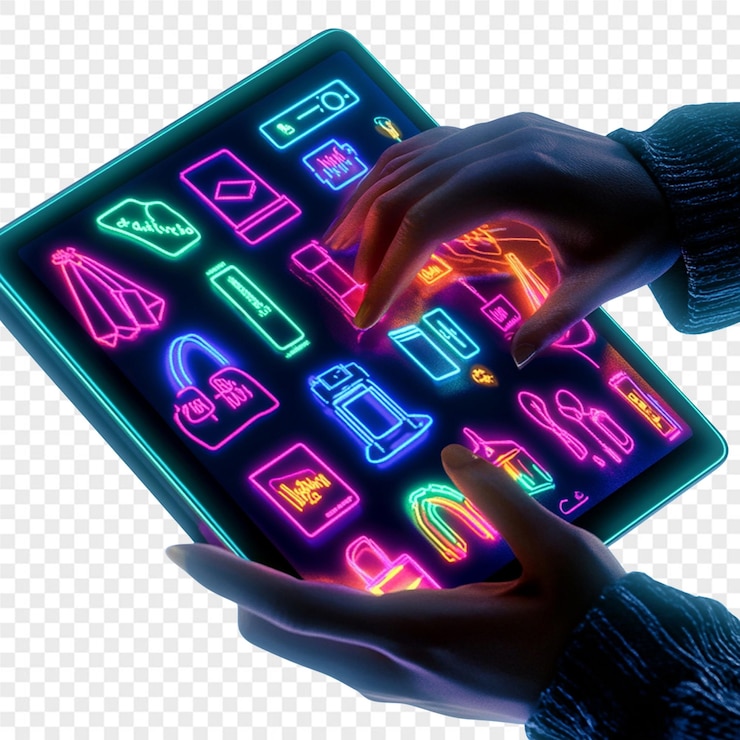 PSD uma pessoa segura um tablet com luzes de néon coloridas