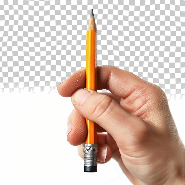 PSD uma pessoa segurando um lápis com a palavra caneta nele