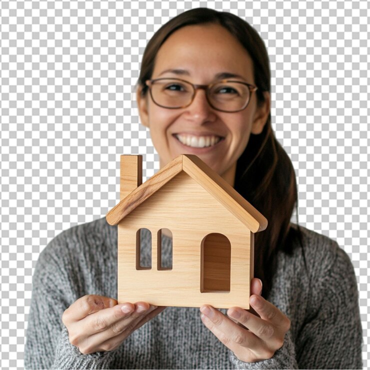 PSD uma pessoa segurando um modelo de uma casa em fundo transparente