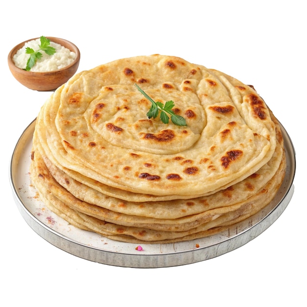 Uma pilha de deliciosos parathas dourados-marrom com acompanhamentos