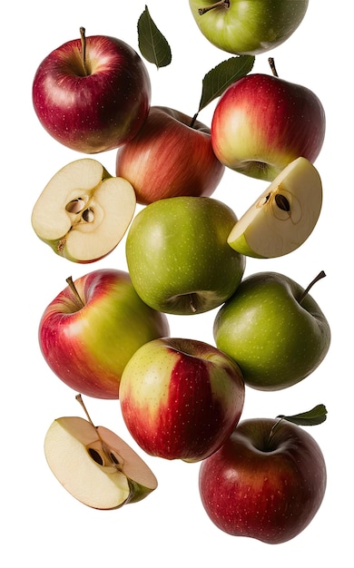 Uma pilha de maçãs e peras são mostradas com uma que tem a palavra maçã