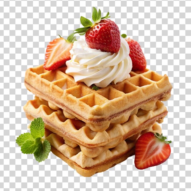 PSD uma pilha de waffles belgas fofinhos com morangos e creme batido isolados em fundo transparente