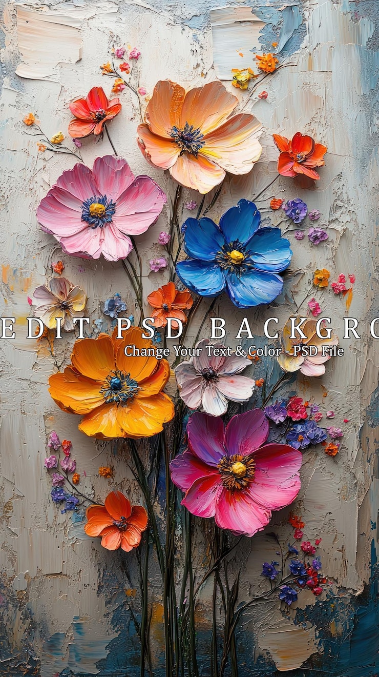 PSD uma pintura a óleo vibrante de um buquê de flores coloridas com um fundo texturizado