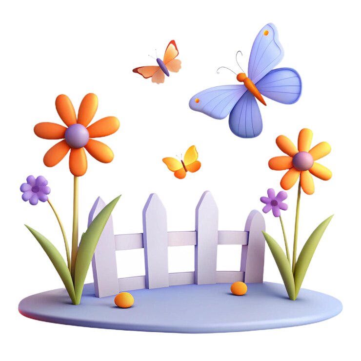 PSD uma pintura de borboletas e flores com uma cerca branca