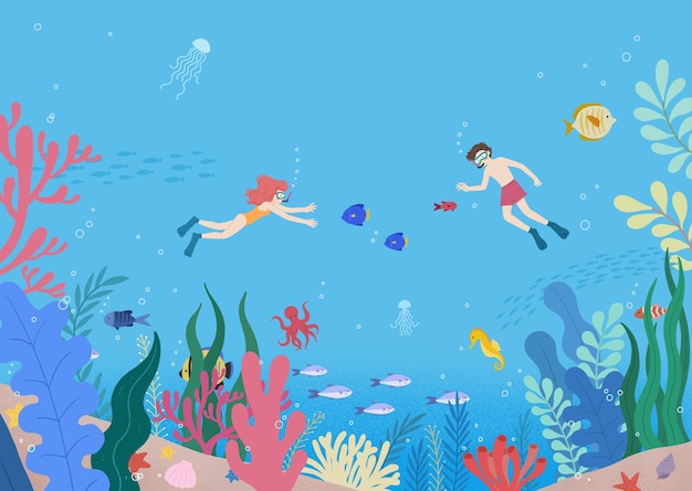 uma pintura de crianças nadando sob um recife de coral com peixes e corais