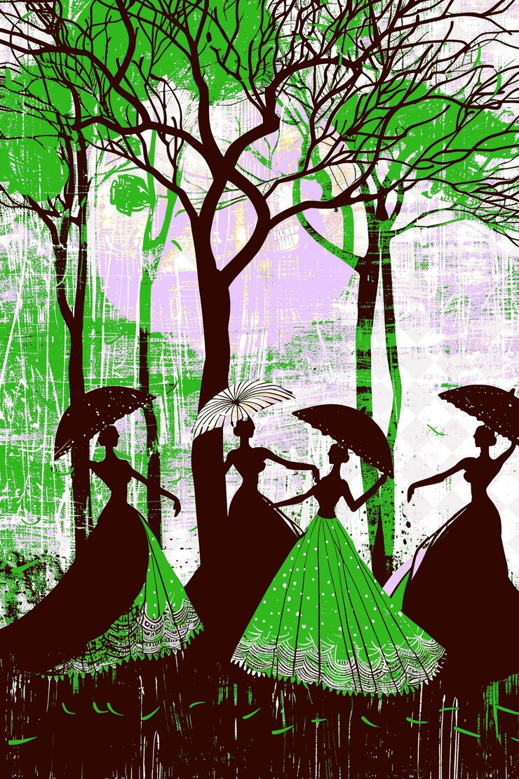 PSD uma pintura de mulheres com guarda-chuvas e a palavra "mulheres"