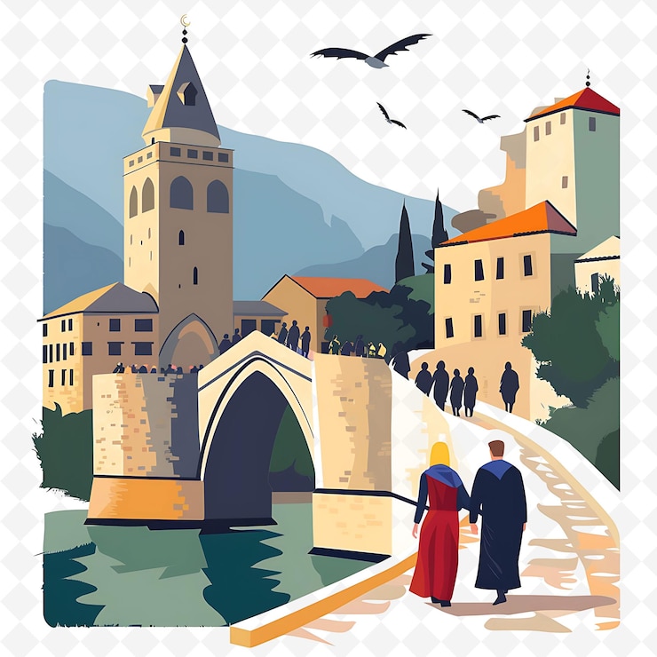 PSD uma pintura de um casal caminhando na frente de uma ponte com um castelo e uma igreja ao fundo