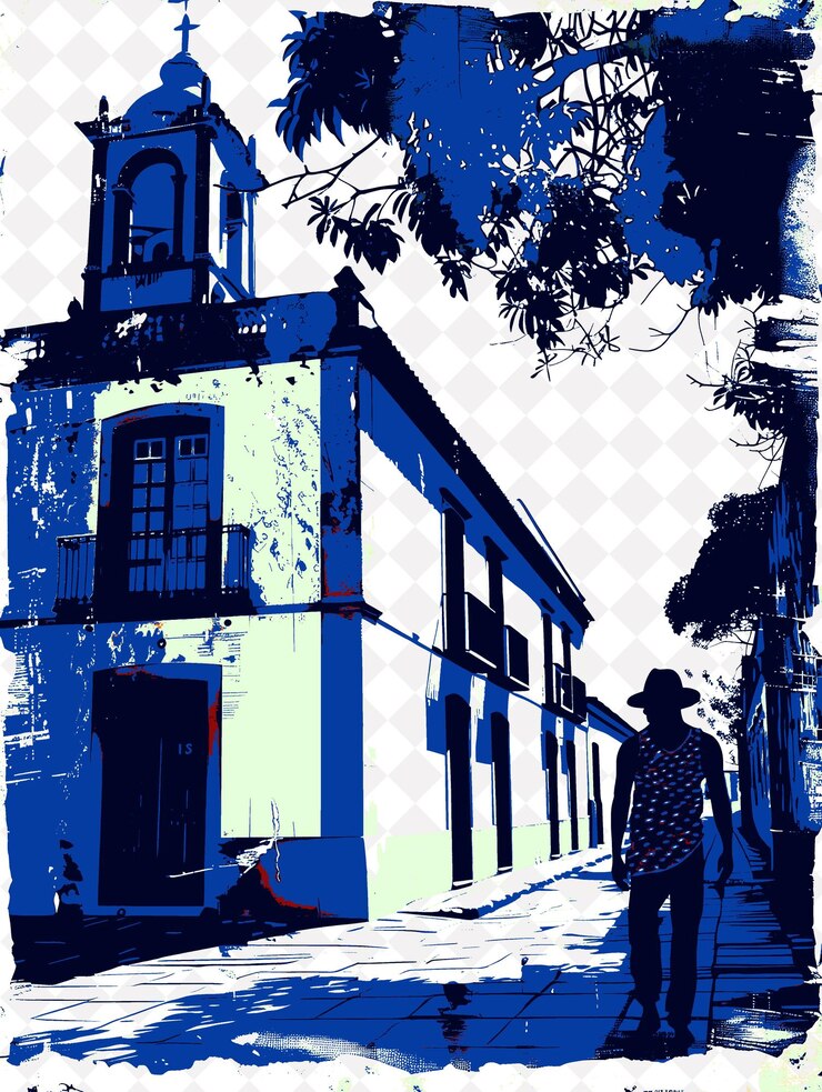PSD uma pintura de um homem e uma mulher na frente de um edifício com um fundo azul e branco