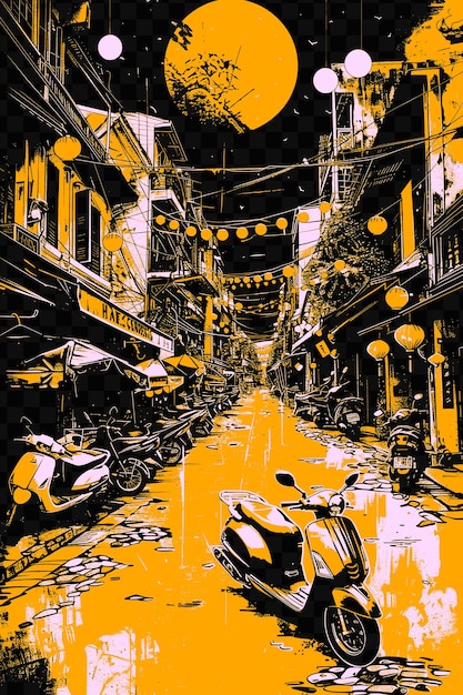 Uma pintura de uma cena de rua com um homem em uma motocicleta e um fundo amarelo