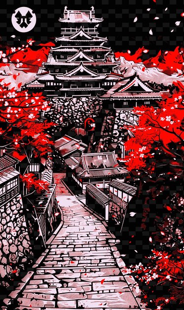 PSD uma pintura de uma cidade japonesa com um fundo vermelho e preto