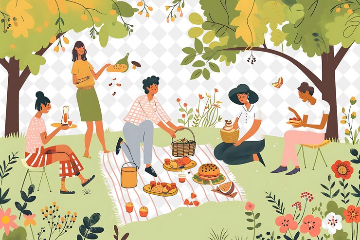 PSD uma pintura de uma família em um jardim com uma árvore no fundo