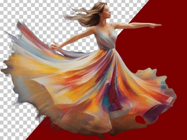 PSD uma pintura de uma mulher vestindo um longo vestido multicolor e dançando