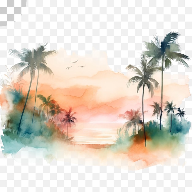 PSD uma pintura de uma praia com palmeiras e um pôr do sol