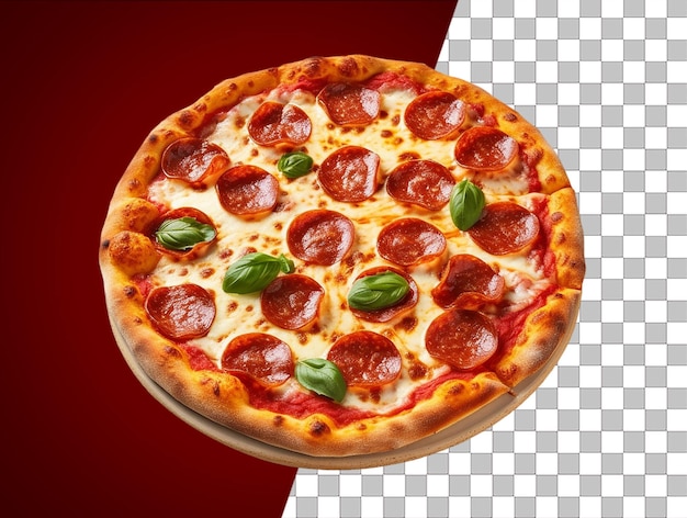 Uma pizza com fundo vermelho e transparente e meio