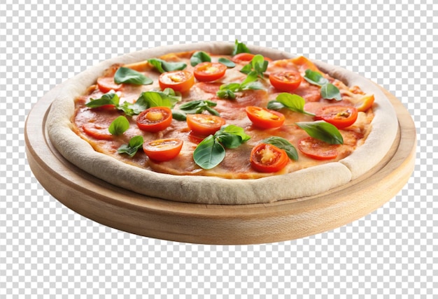 uma pizza com molho de tomate e manjericão em um prato de madeira