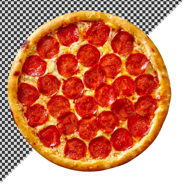 uma pizza de pepperoni com um fundo xadrez preto e branco