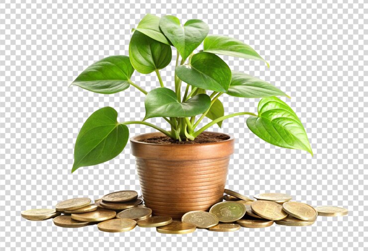 PSD uma planta com uma panela de moedas de ouro e uma planta