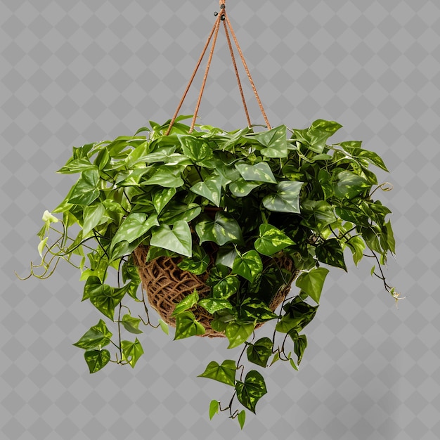 Uma planta pendurada com uma cesta que diz 