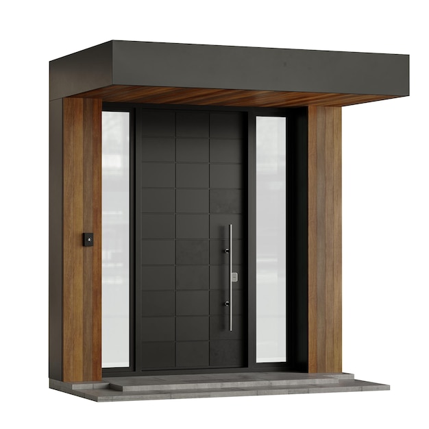 Uma porta preta com uma moldura de madeira e um painel de vidro