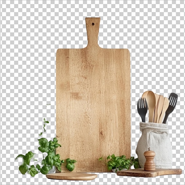 uma prancha de madeira com uma placa de madeira e uma panela de ervas em fundo transparente