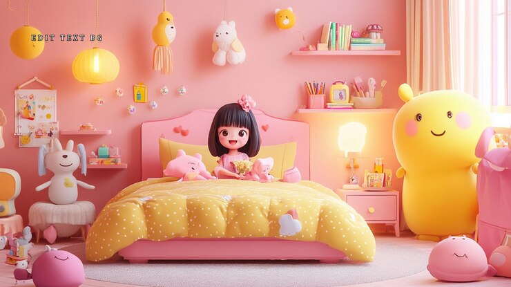 PSD uma rapariga bonita num quarto rosa e amarelo com animais de pelúcia e brinquedos.