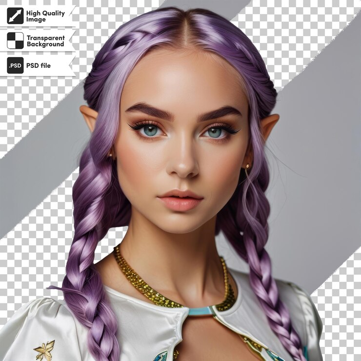 PSD uma rapariga com cabelo roxo e um colar nele