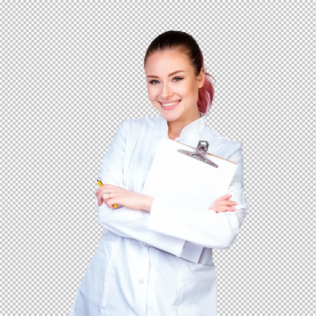 Uma rapariga em uniforme de médico branco.