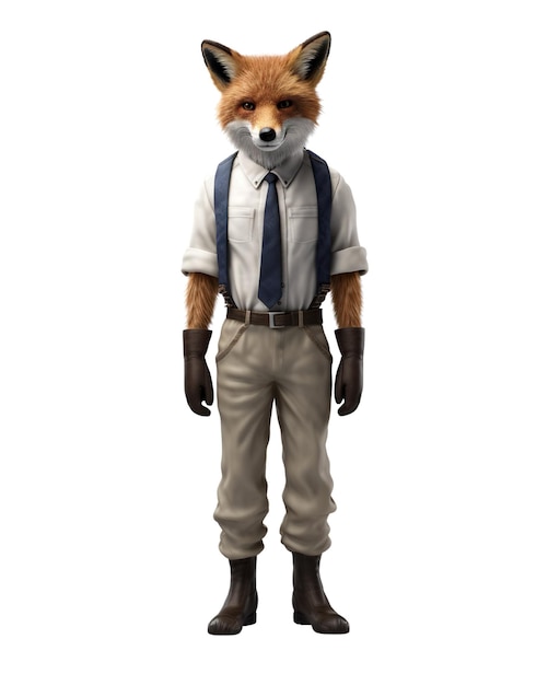 Uma raposa antropomórfica em calças leves com suspensórios e uma camisa branca com gravata azul animais antropomórficos