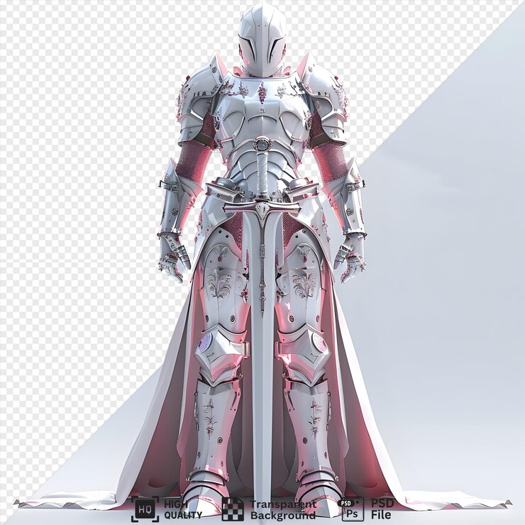 PSD uma renderização 3d de um cavaleiro em armadura branca brilhante com detalhes cor-de-rosa empunhando uma espada com uma capa fluente isolada em um fundo transparente