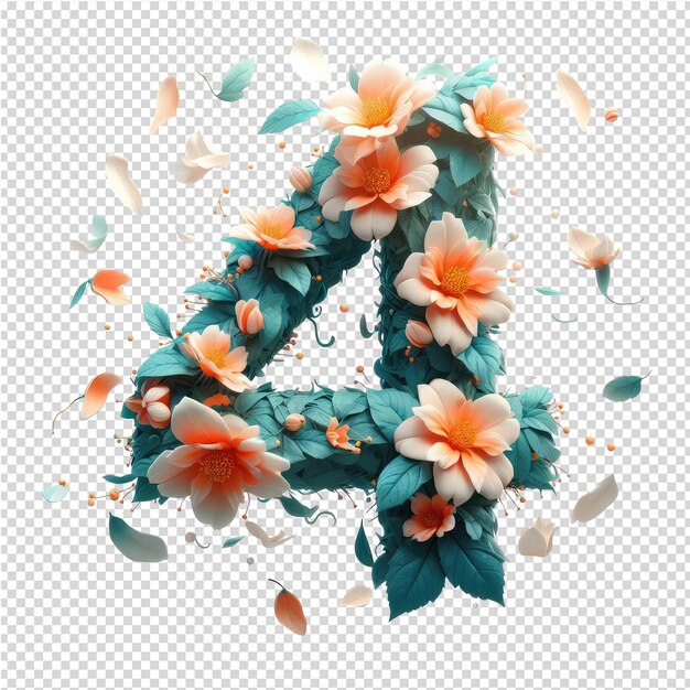 PSD uma renderização 3d de um número feito de papel com flores e folhas