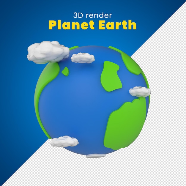 Uma renderização 3d do planeta Terra com nuvens e um fundo azul e branco.