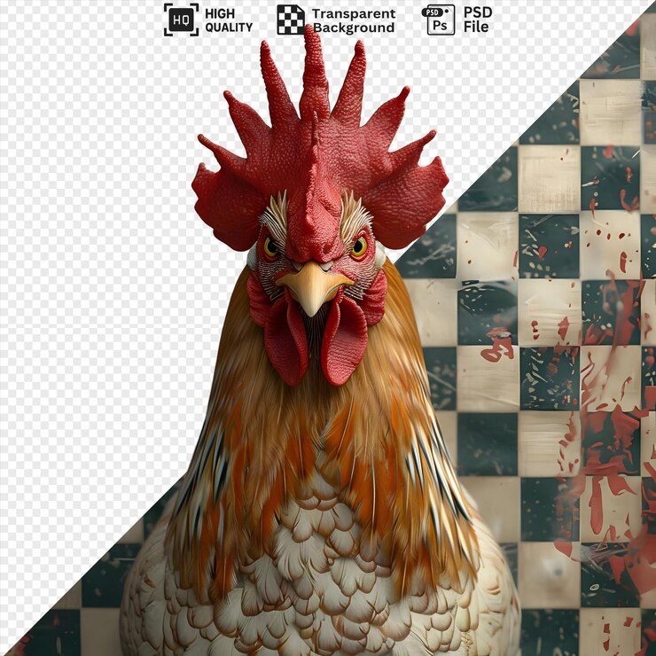 PSD uma renderização 3d realista de um galo com pente vermelho olhando intensamente em um fundo quadriculado isolado em um fundo transparente
