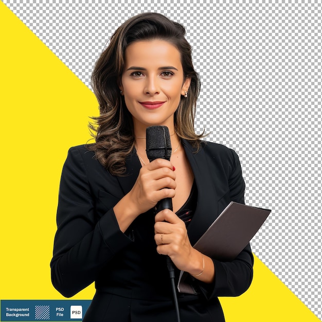 PSD uma repórter brasileira do lado de fora de uma estação de notícias com fundo transparente png psd