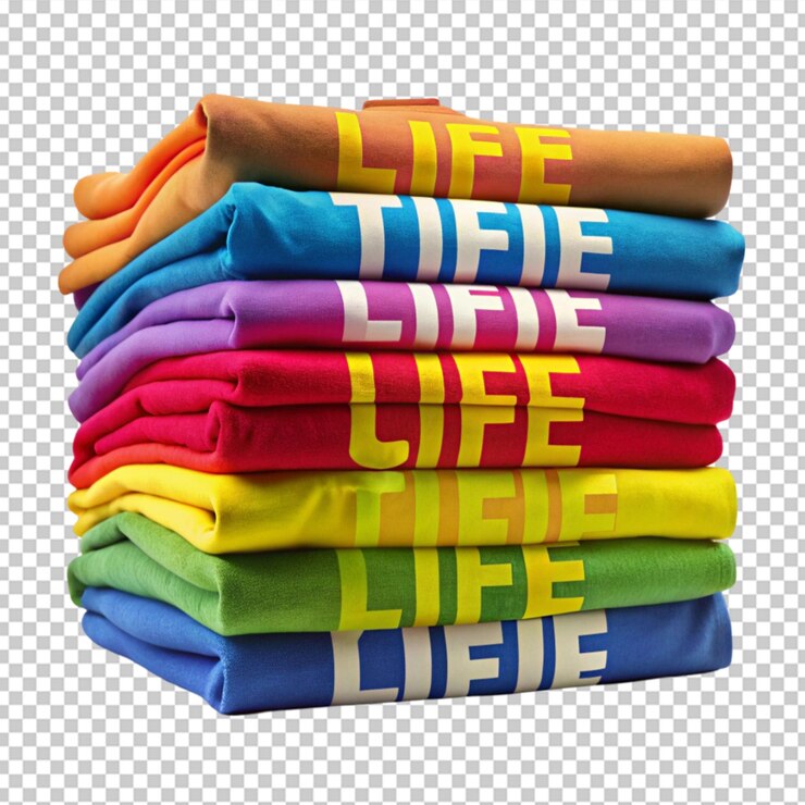 PSD uma representação artística de uma pilha de camisas coloridas, cada uma com um gráfico divertido diferente com a legenda t-shirt life em uma fonte lúdica